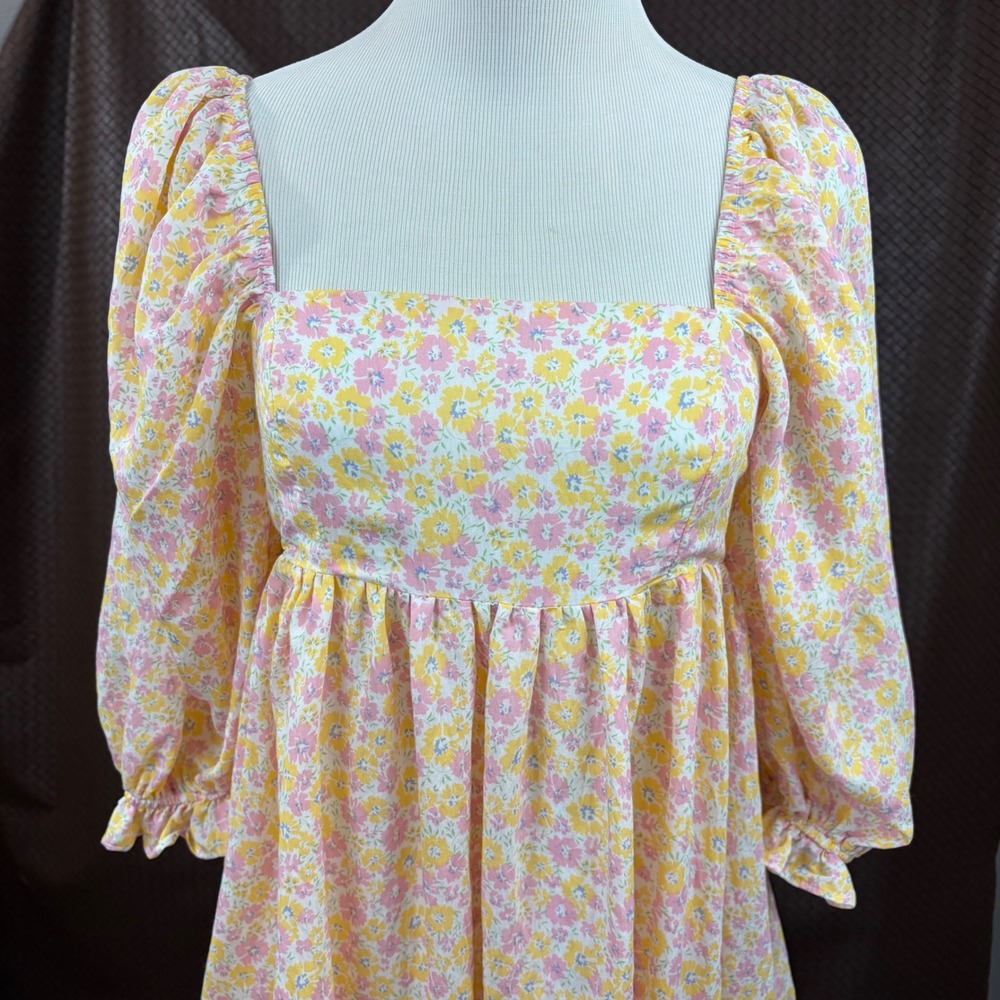 Storia Yellow Pink Floral Puff Sleeve Square Neck‎ Mini Dress JD2443BD Small